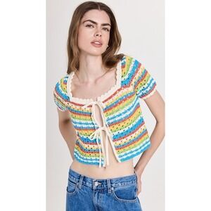 Kitri Short Sleeve Crop Crochet Tie Front Sweater Cardigan - Striped - US Sz 2